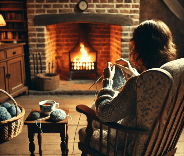 Strickende Frau vor dem Kamin